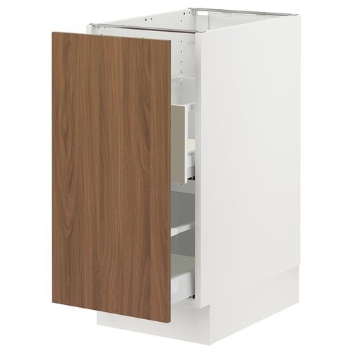A white and wood-grain kitchen cabinet from the SEKTION system. It a modern design with a smooth surface and a sturdy frame.