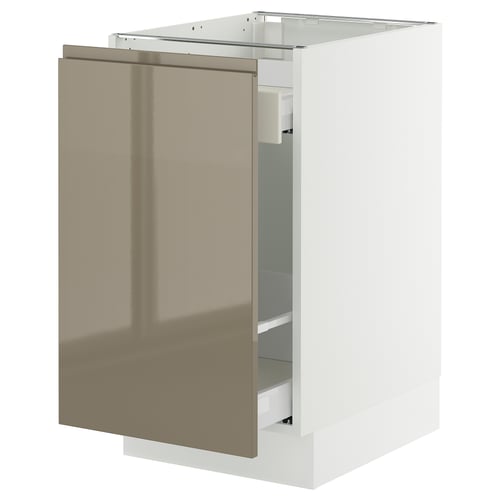 The SEKTION kitchen cabinet in white with a high-gloss dark grey-brown door featuring sleek, hidden handles.