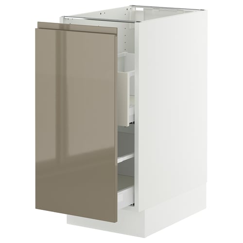 White ikea SEKTION kitchen cabinet with high gloss beige door, sleek and modern.