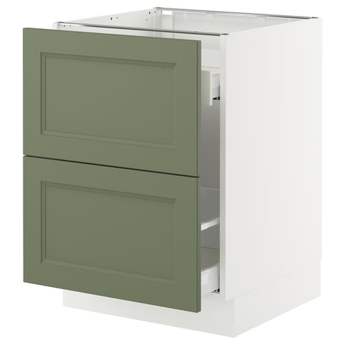 Ikea SEKTION kitchen cabinet in green with two drawers, white base.