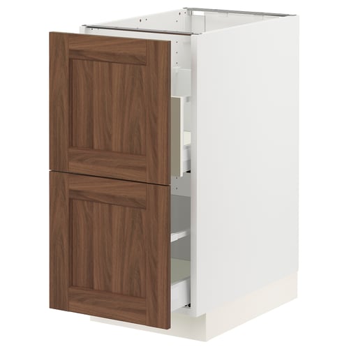 SEKTION kitchen cabinet in white with walnut brown doors, rectangular, featuring wooden texture and smooth surface.