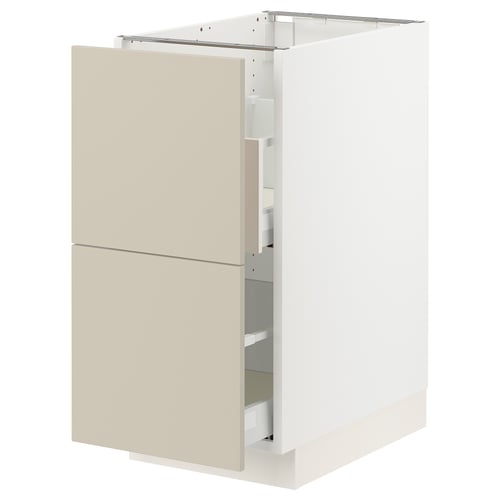 An ikea SEKTION kitchen cabinet with beige havstorp fronts and a white base. It two smooth-running drawers with a clean, harmonious design.
