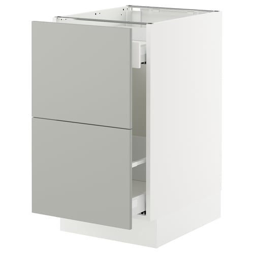 White IKEA SEKTION kitchen unit with light grey drawers.