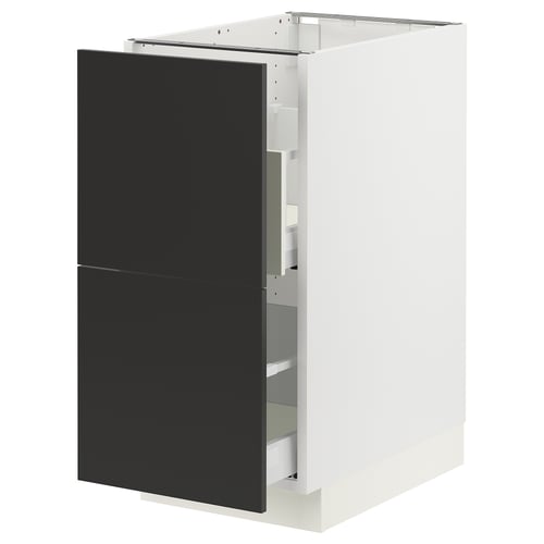 Modern white kitchen cabinet with black drawers, sleek design, full-extension drawers.