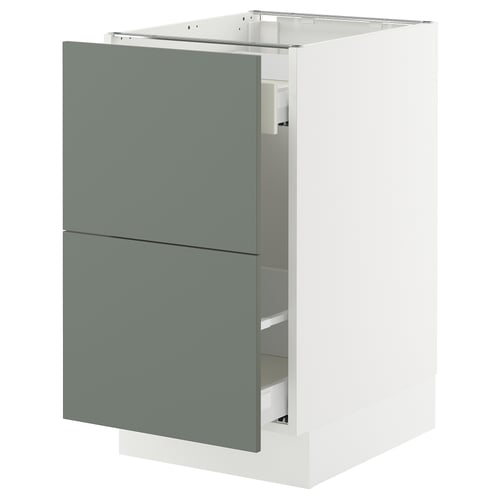Modern grey-green kitchen cabinet with smooth drawers, white base, and sleek design.