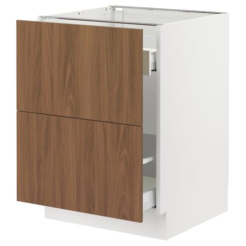 SEKTION kitchen cabinet with walnut tistorp fronts, white frame, 2 drawers, smooth-running.