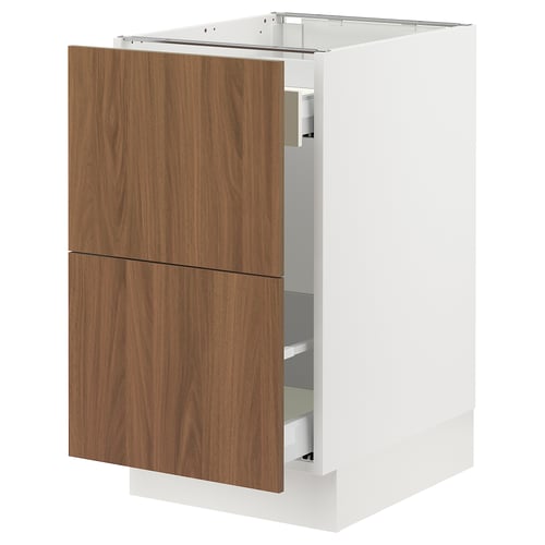 SEKTION modern white cabinet with walnut veneer doors.