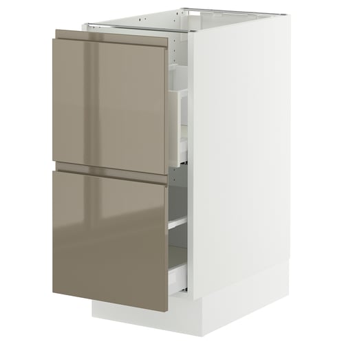 Sleek white kitchen cabinet with two bronze-hued drawers with integrated handles. Modern, minimalist, and highly functional.