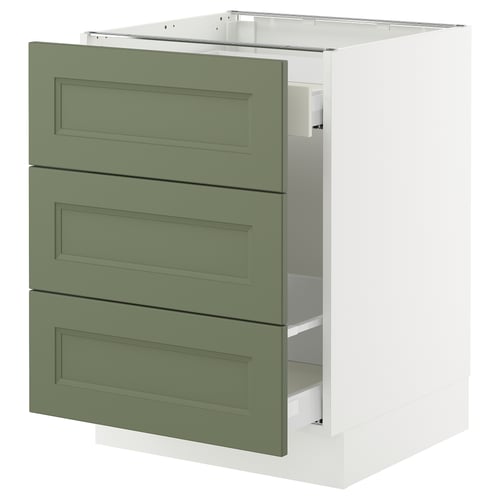 Its an olive green SEKTION kitchen cabinet with three drawers and a white base, designed for a modern look.