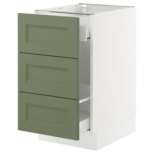 SEKTION kitchen cabinet in green-gray with three drawers, modern design, sturdy frame.