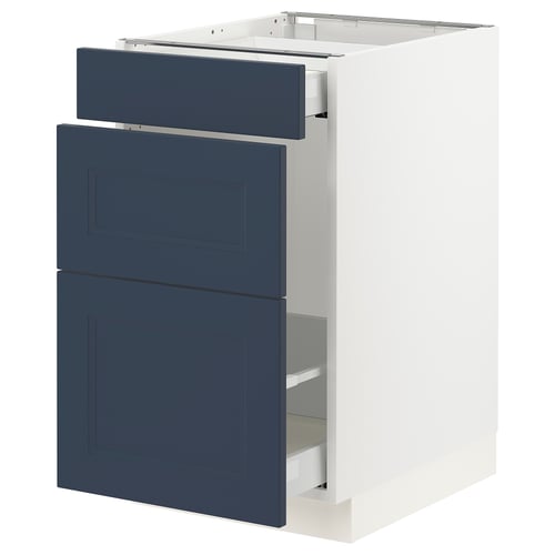 Blue ikea SEKTION kitchen cabinet with white interior and drawers open.