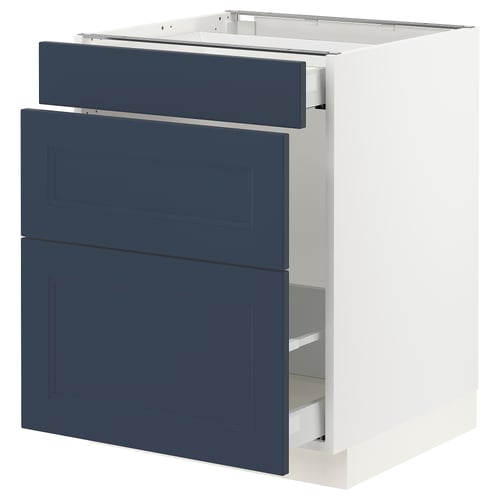 A blue and white SEKTION cabinet with two drawers and a door, featuring a modern design.