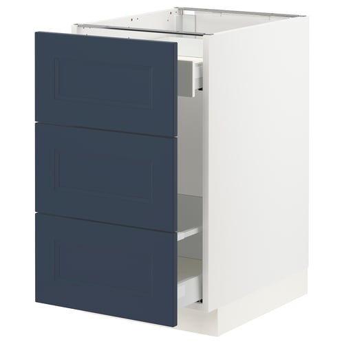 Ikea SEKTION kitchen cabinet in blue with 3 drawers, white frame, modern design.