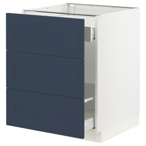 SEKTION kitchen cabinet in blue with three drawers, sleek design, sturdy white base.