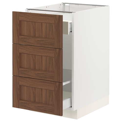 SEKTION kitchen cabinet, walnut, white, wood grain, square, three drawers, modern design.