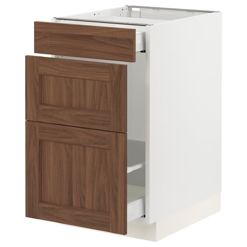 SEKTION kitchen unit, white base, walnut drawers and door, rectangular shape, classic design.