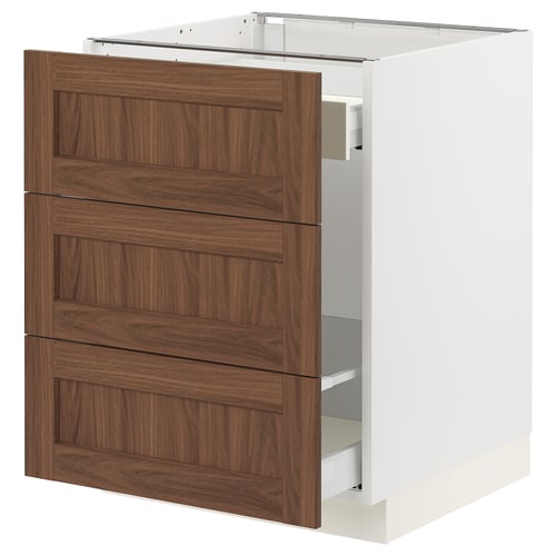 SEKTION kitchen cabinet in white and brown wood with three drawers.