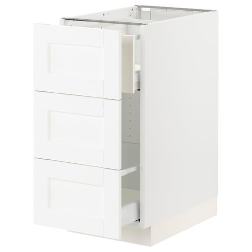 White SEKTION kitchen cabinet with three drawers and open centre compartment.