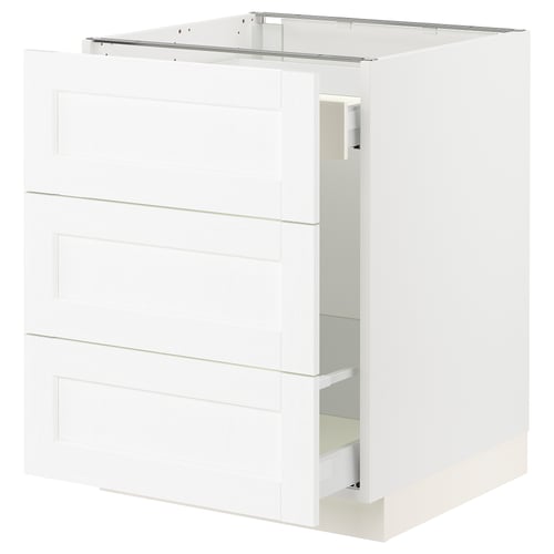 White ikea SEKTION kitchen cabinet with three drawers and open shelf.