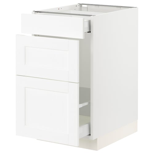 White SEKTION kitchen cabinet with two drawers and subtle grain texture. Rectangular shape, sleek design, modern look.