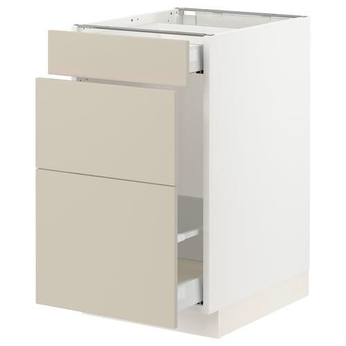 Beige ikea SEKTION kitchen cabinet, white sides, 3 drawers, sleek & modern.