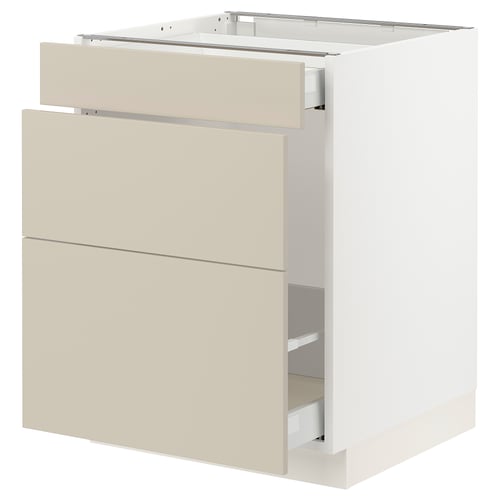 Ikea SEKTION kitchen cabinet in beige with white drawer and frame.
