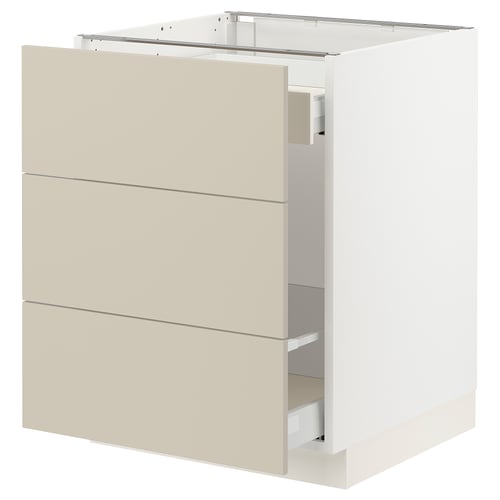 SEKTION kitchen unit in beige; 3 drawers, white sides, smooth finish.