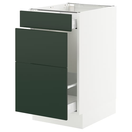 A modern, white kitchen cabinet with dark green drawers. It a sleek, rectangular design with three drawers, offering ample storage space.
