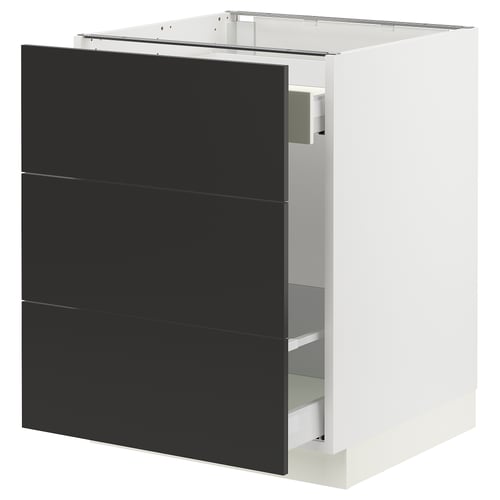 A modern white SEKTION kitchen cabinet with three matt black drawers. It has a sleek, rectangular design with smooth-running drawers.