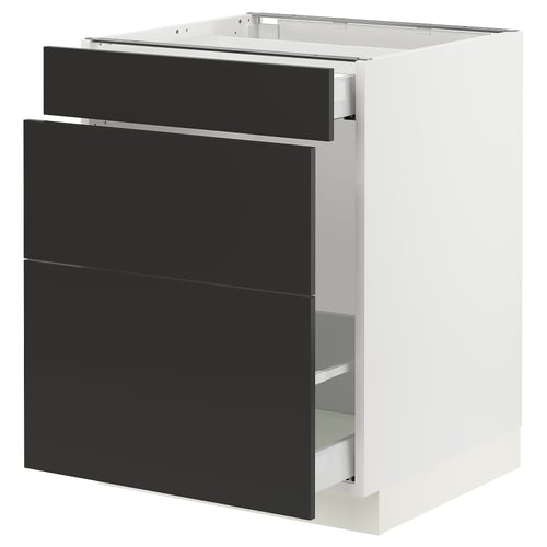 A modern, white SEKTION kitchen base cabinet with black drawers. It has a sleek, rectangular shape with smooth, soft-closing drawers.