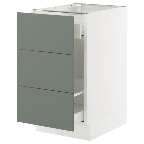 Ikea SEKTION kitchen cabinet, white base, grey-green drawer fronts, modern minimalist design.