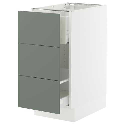 An ikea SEKTION kitchen cabinet with three grey-green drawers, a modern and clean design.