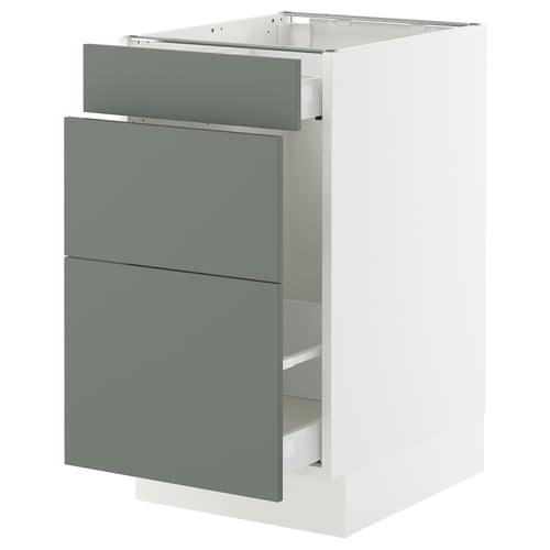 SEKTION kitchen cabinet in matt grey-green with two drawers and a white base.