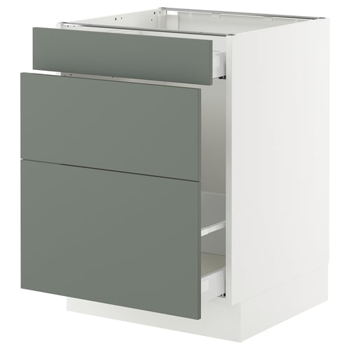 SEKTION kitchen cabinet in grey-green with three smooth, full-extension drawers and white base, modern and functional design.