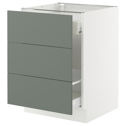 Modern grey-green kitchen cabinet with three drawers.