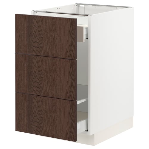 Modern kitchen cabinet, SEKTION, white & dark brown, three drawers, sleek design, sturdy frame.