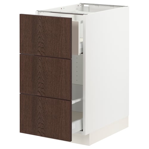 SEKTION kitchen cabinet with dark brown sinarp drawers and solid wood edge.