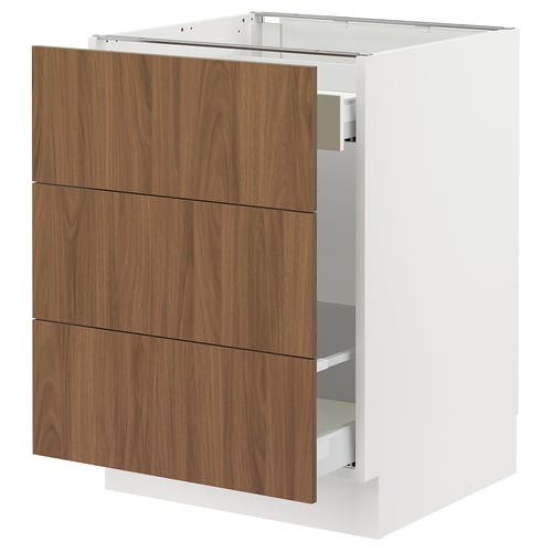 Modern white kitchen cabinet with three walnut drawers.