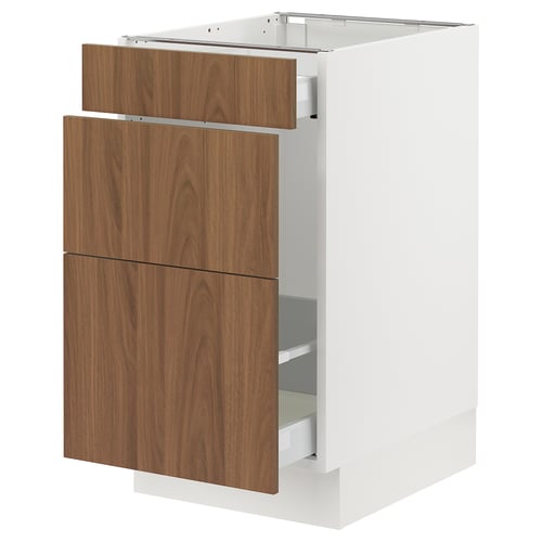 A white modern kitchen cabinet with wooden drawers, designed by SEKTION. It has a sleek design with smooth, walnut-textured fronts.