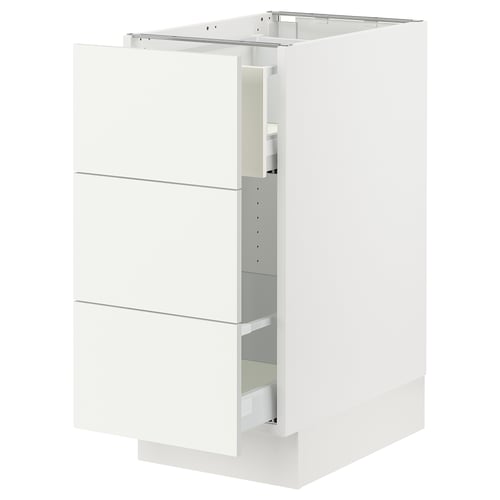 White SEKTION kitchen cabinet with three drawers, sleek design.