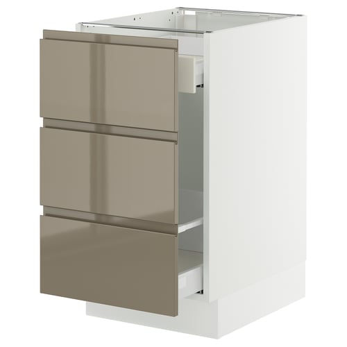 SEKTION kitchen cabinet in high gloss dark grey-brown with integrated handles, featuring 3 drawers.