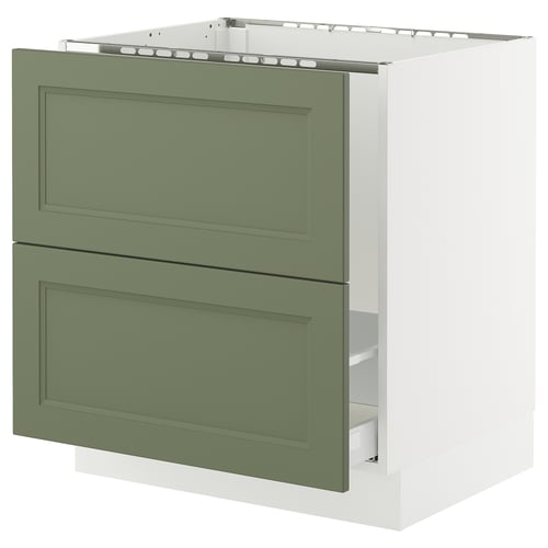 Green SEKTION kitchen cabinet with two drawers and white base. Modern, rectangular, and minimalist design.