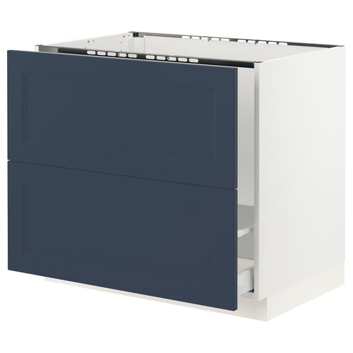 A blue and white SEKTION kitchen cabinet with drawers and a metal top rail.