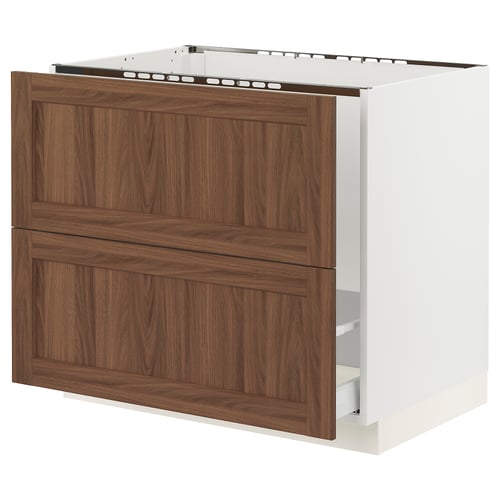 Ikea SEKTION kitchen unit, white with walnut effect wooden doors, two drawers, assembled.