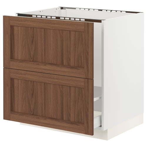 Wooden cabinet, white & brown, panelled doors, framed drawers, squared base.