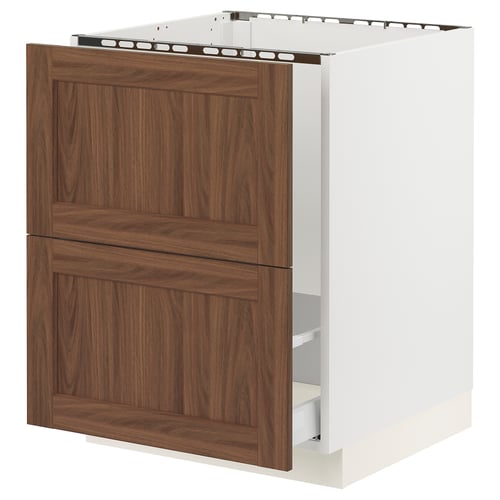 SEKTION white & walnut kitchen cabinet with wooden drawers.