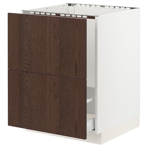 Depicts a white SEKTION base cabinet with dark brown sinarp drawer fronts featuring solid wood edging, showcasing a sleek and modern design.