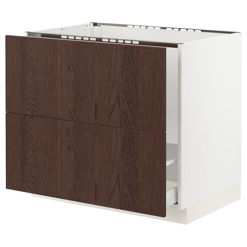 Brown SEKTION cabinet with wooden trim, 2 drawers, open centre.