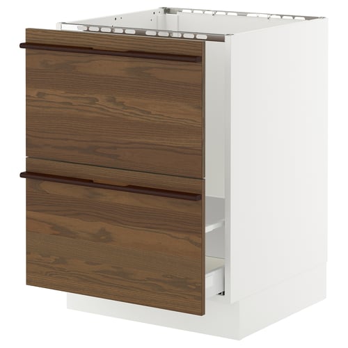 SEKTION kitchen cabinet in white with brown wooden drawers and handles.
