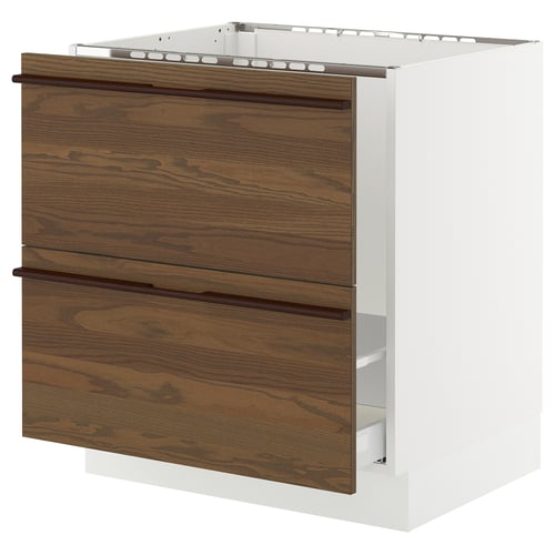 SEKTION dark brown ash wood cabinet, white frame with wooden handles.